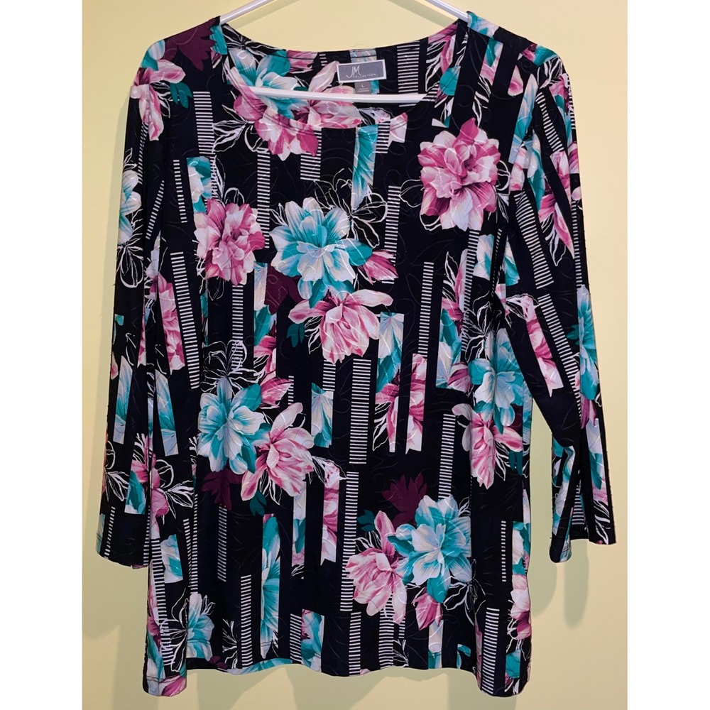 JM Collection Womens Floral Stripe 3/4 Sleeve Top Black Pink Teal Large